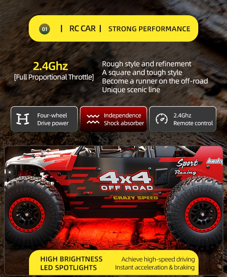 4WD RC Off-Road Monster Truck 1:20 - 34+ MPH Brushless Speed, Reinforced Metal Frame, Programmable LED Light Show | All-Terrain Remote Control Car, Toy Gift for Kids, Teens, Adults, Hobby Grade Racer