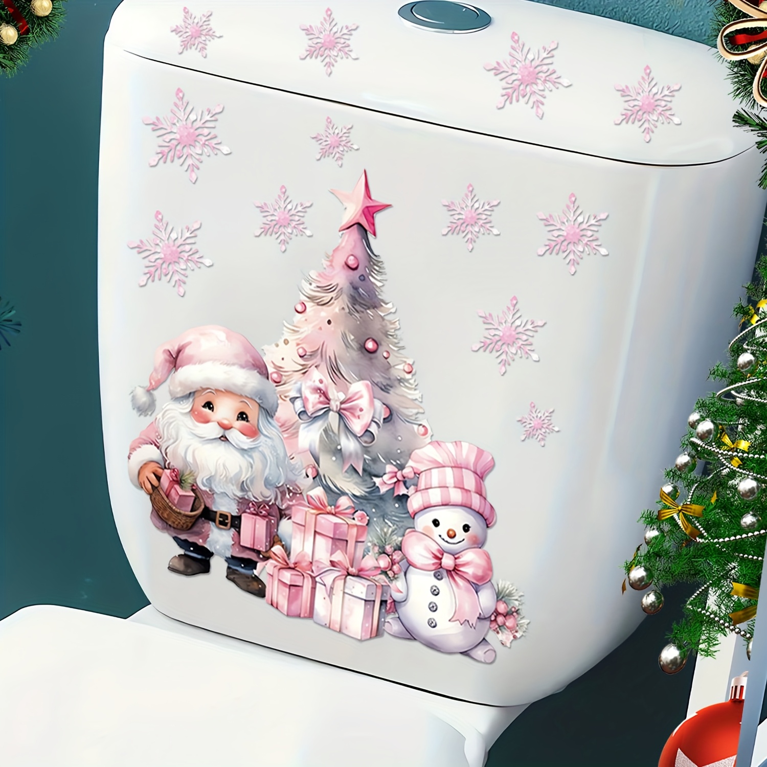 TEMU 1 pieza Calcomanía navideña autoadhesiva de rosa para inodoro, pegatina decorativa de baño removible para pared con festivo
