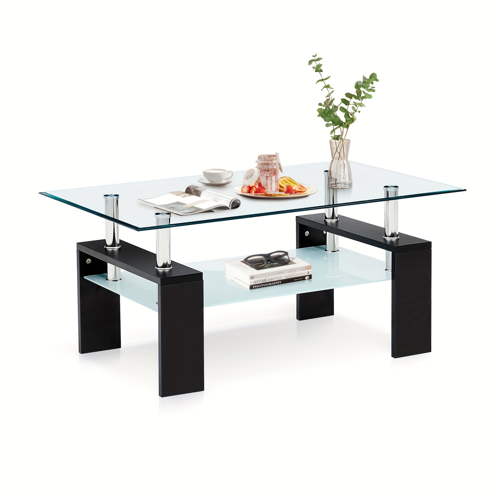 Rectangle Tempered Glass Coffee Table, Modern Side Table With Lower Shelf Chrome And Wood Support For Living Room Guest Reception Room