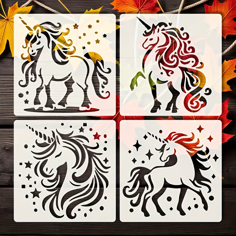 Image of 4pcs Magic Pony Stencil Set, 6x6 Inches, Reusable Polyester And Acetate Painting Stencils With Stars And Swirls, Suitable For Diy Home Wall Decor And Art Projects