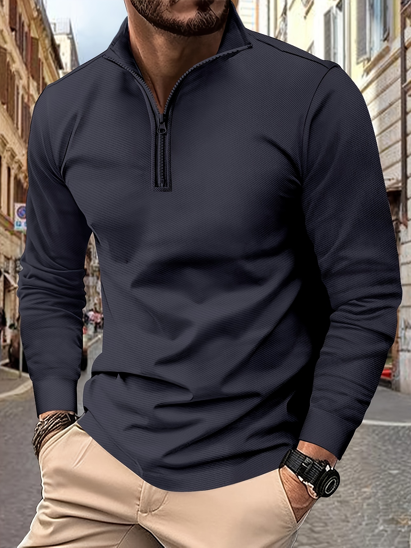 Casual Heren Trui met V-Hals en Rits Lange Mouwen Wasbaar in de  Machine, Essentieel voor Lente/Herfst Overgangsperioden, Gladde Textuur