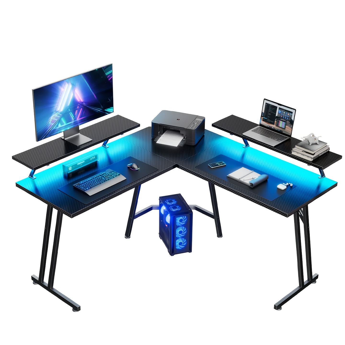 Image of 51 Inch L Shaped Gaming Desk With Led Lights & 2 Monitor Stand, Corner Computer Desk With Carbon Fiber Surface, Pc Gaming Table For Home Office Writing Workstation, Black
