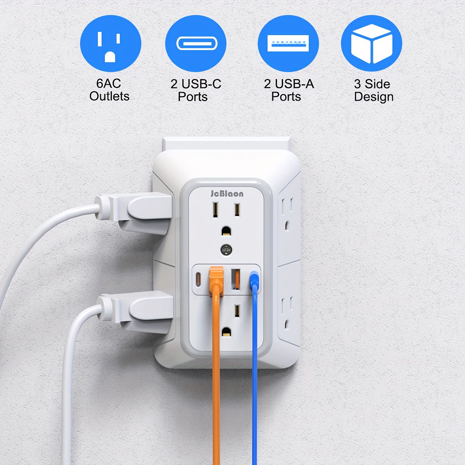

Usb Wall Charger, Protector, 6 Outlet Extender With 4 Usb Charging Ports (2a2c) 3-sided 1050j Power Strip Multi Plug Outlets Wall Adapter Spaced For Home Travel Office
