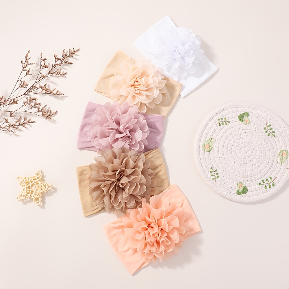 Set of 5 Bohemian Style Chiffon Floral Solid Color High Elastic Nylon Headbands for Cute Warm Head Styling