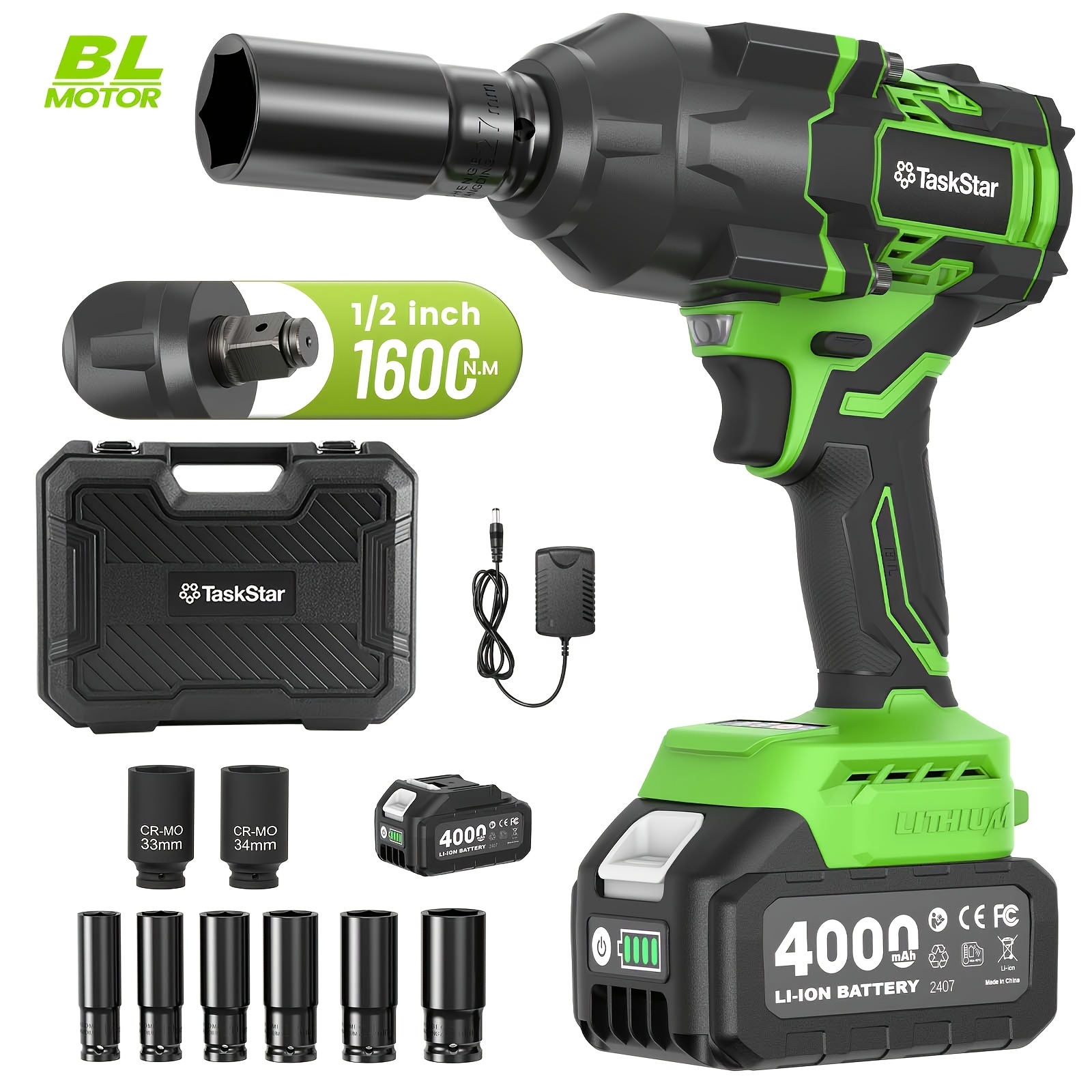TEMU Taskstar 1180ft-lbs Brushless Impact Wrench Kit - 1600nm Max Torque, 2x4000mah Battery & Fast Charger | Heavy-duty For Truck/ Car Tires Repair,