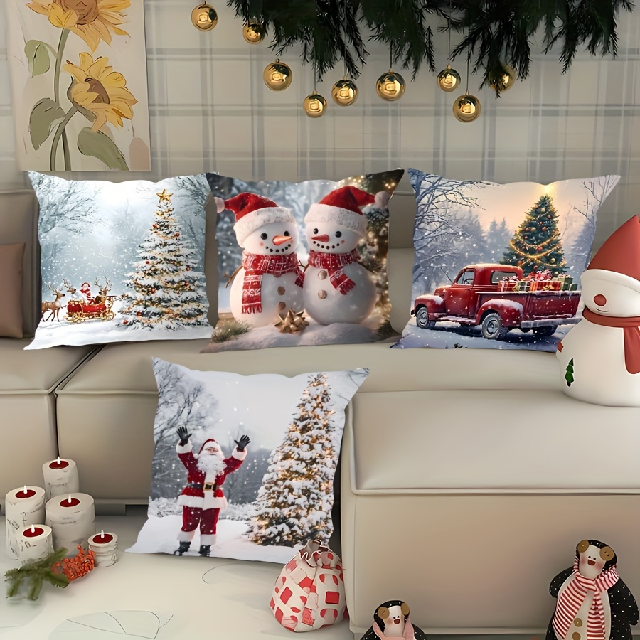 

4pcs Set Christmas Throw Pillow Covers - Santa & Reindeer Truck Design, Velvet Print, Zip Closure - Living Room, Sofa, Office Decor - Machine Washable, Polyester, Best For Christmas