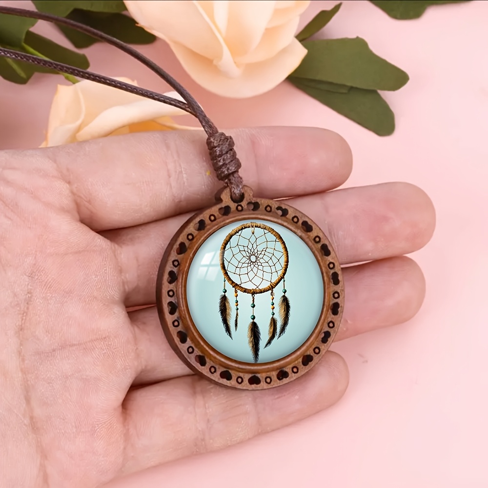 Bohemian Dream Catcher Necklace with Wood Beads, Gift Ready