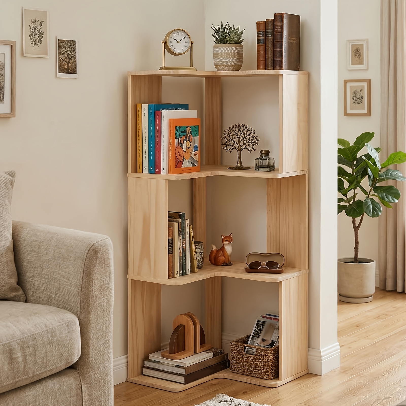 TEMU Scaffale angolare 3 ripiani, 1 pezzo, a grande capacit� in legno, scaffale angolare portaoggetti salvaspazio multifunzionale per libri, piante e