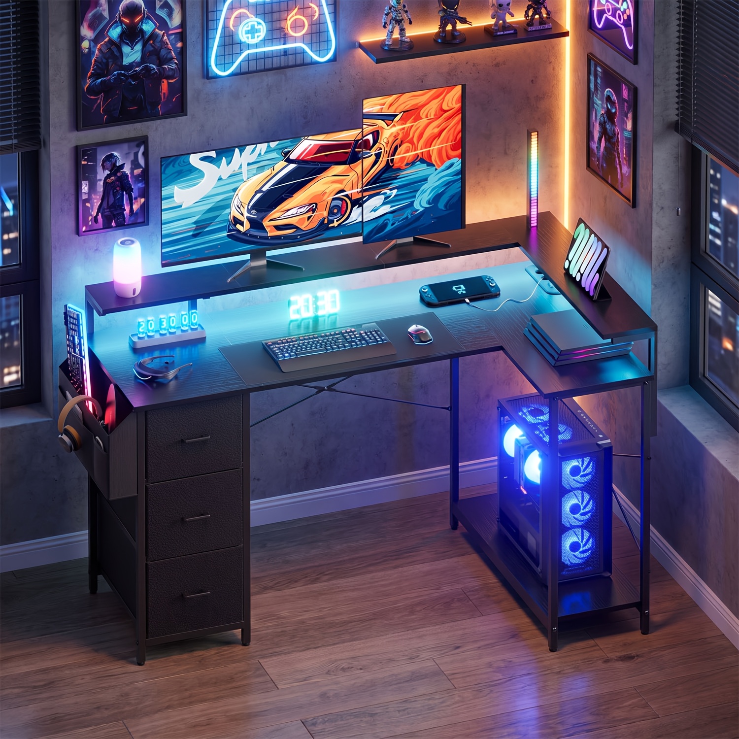 Image of L Shaped Corner Gaming Computer Desk With 3 Fabric Drawers & Led Light Strip, Built-in Charging Power Outlet, Multi-functional Workstation For Gaming & Home Office
