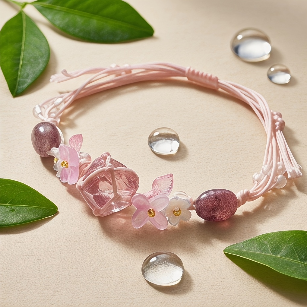 Handmade Adjustable Rose Quartz & Strawberry Quartz Bracelet, Floral Design