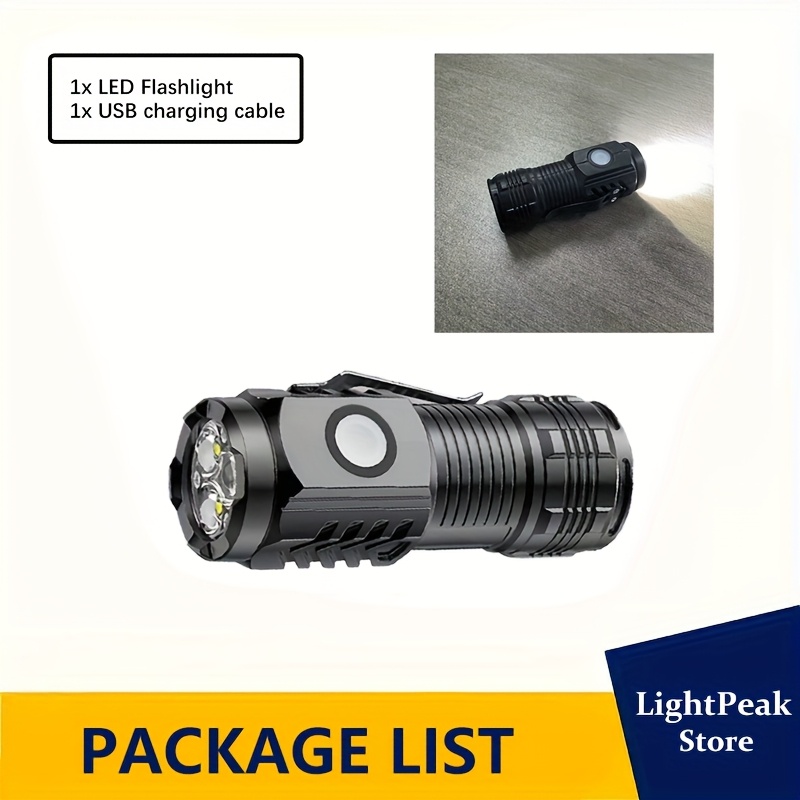 E-shop 1 Stück 3LED Mini Taschenlampe, USB-aufladbar, Leichte Handtasche mit Stiftclip-Design, 5 Beleuchtungsmodi, Magnetboden, Ideal für und Notfälle