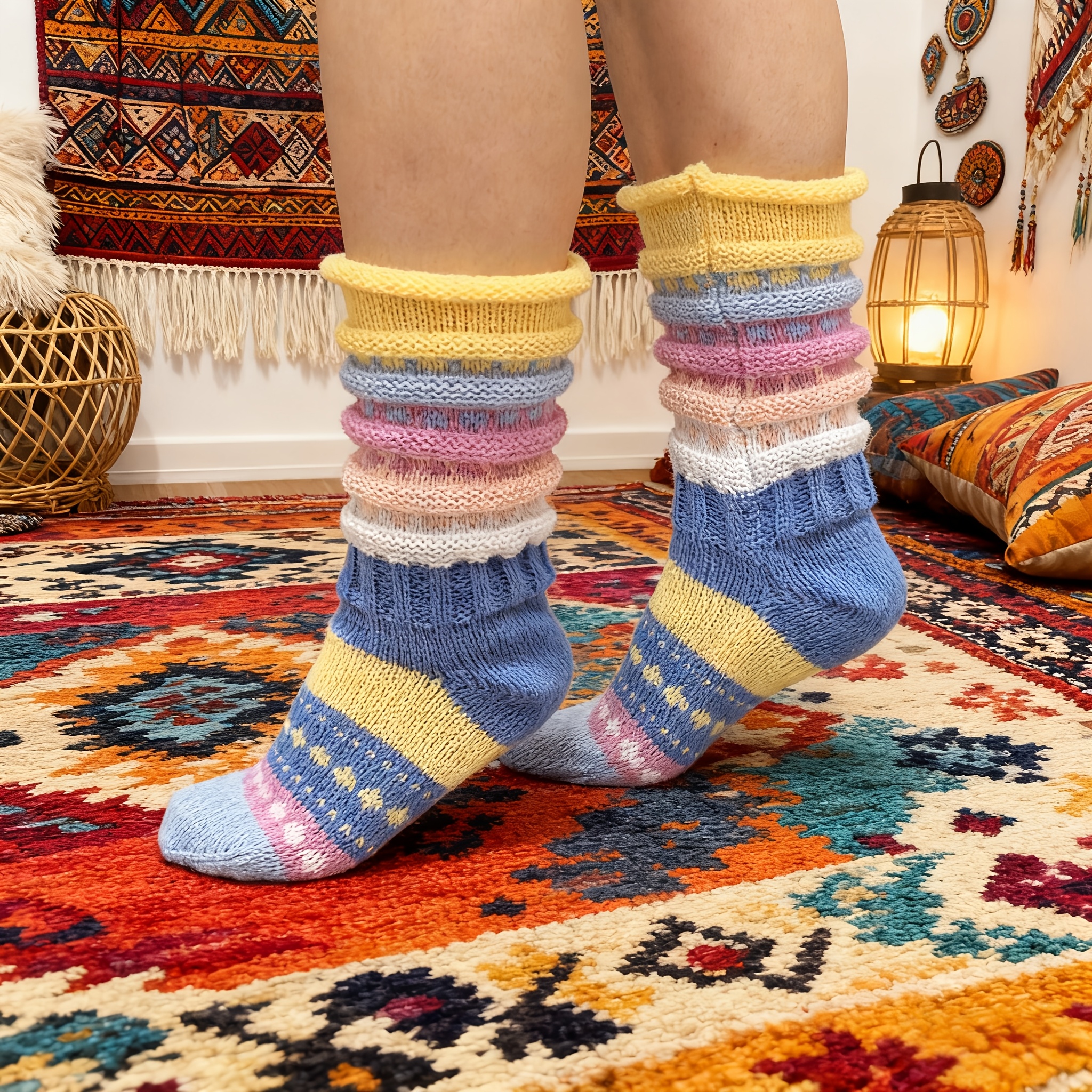 Of Trendy Winter Women's Colorful Striped Cross-border Mid-calf Warm Floor Socks
