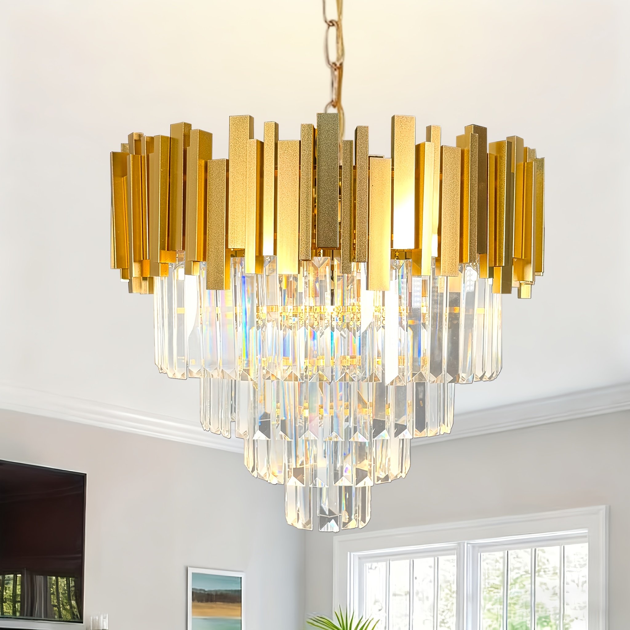 22 "modern Round Crystal Chandelier K9 Pendant With Adjustable Chain, 4-storey Dining Room, Living Room, Foyer, Kitchen E14 Lamp Holder (excluding Light Bulb)