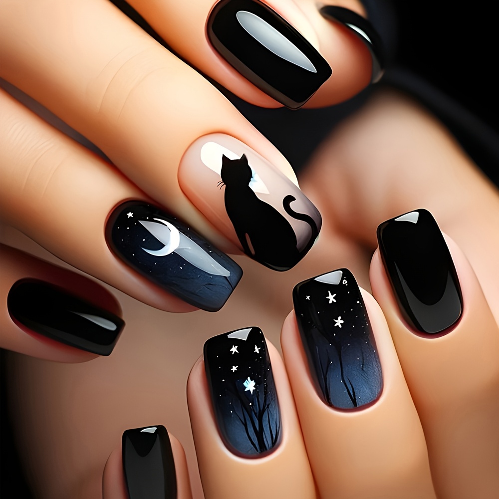 Image of 24pcs Moon & Black Press-on Nails - Glossy Medium Square Fake Nails With Jelly Glue & Nail File, Elegant Celestial Animal Art For Everyday Or Special Occasions, Nail Design