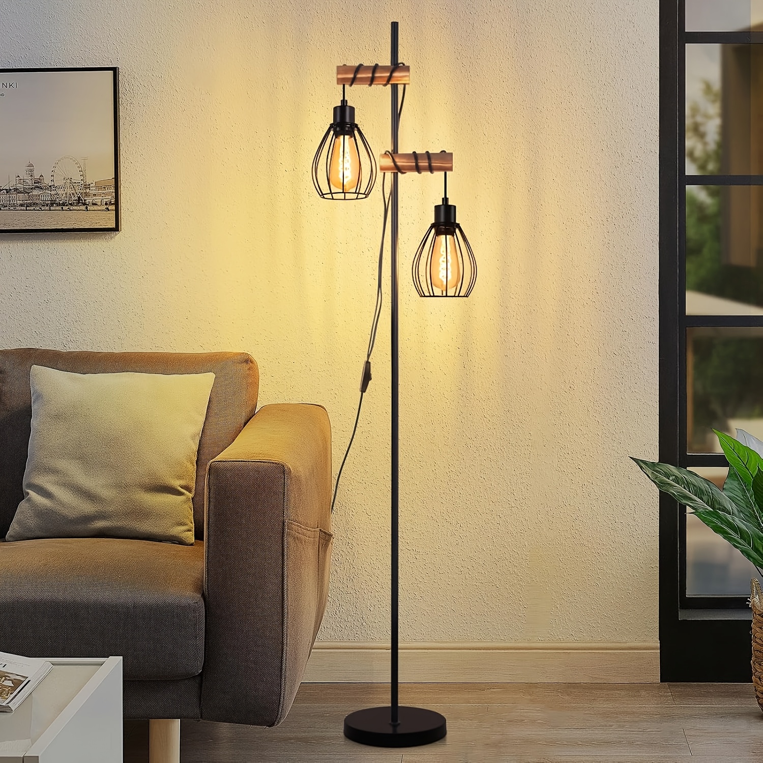 TEMU A Vintage-style Floor Lamp Featuring Metal And Wood Details, This Black Includes A Built-in Switch, Perfect For A Cozy Atmosphere In Your Living