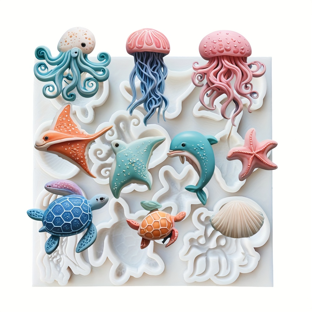 1pc Baking Molds Silicone, Fondant Mold Set - Including Octopus, Starfish, Shell, Dolphin, Turtle, Suitable For Baking, Handmade Cake Decoration, , Biscuits, Resin Crafts, Birthday Party Decoration