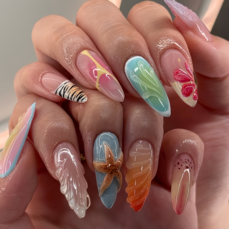 

Ongles pressés en d', longueur moyenne, , avec un design 3D d'étoiles de mer et de coquillages, verts et oranges, décorations d'art des ongles amovibles