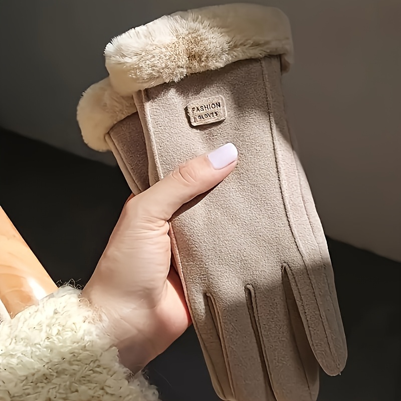 

Women's Touchscreen-compatible Winter Cycling Gloves With Plush Fur Trim & Letter Patch - Windproof, Warm Suede Material, /light Brown, Outdoor Sports & Cold Weather Activities, Winter Gloves