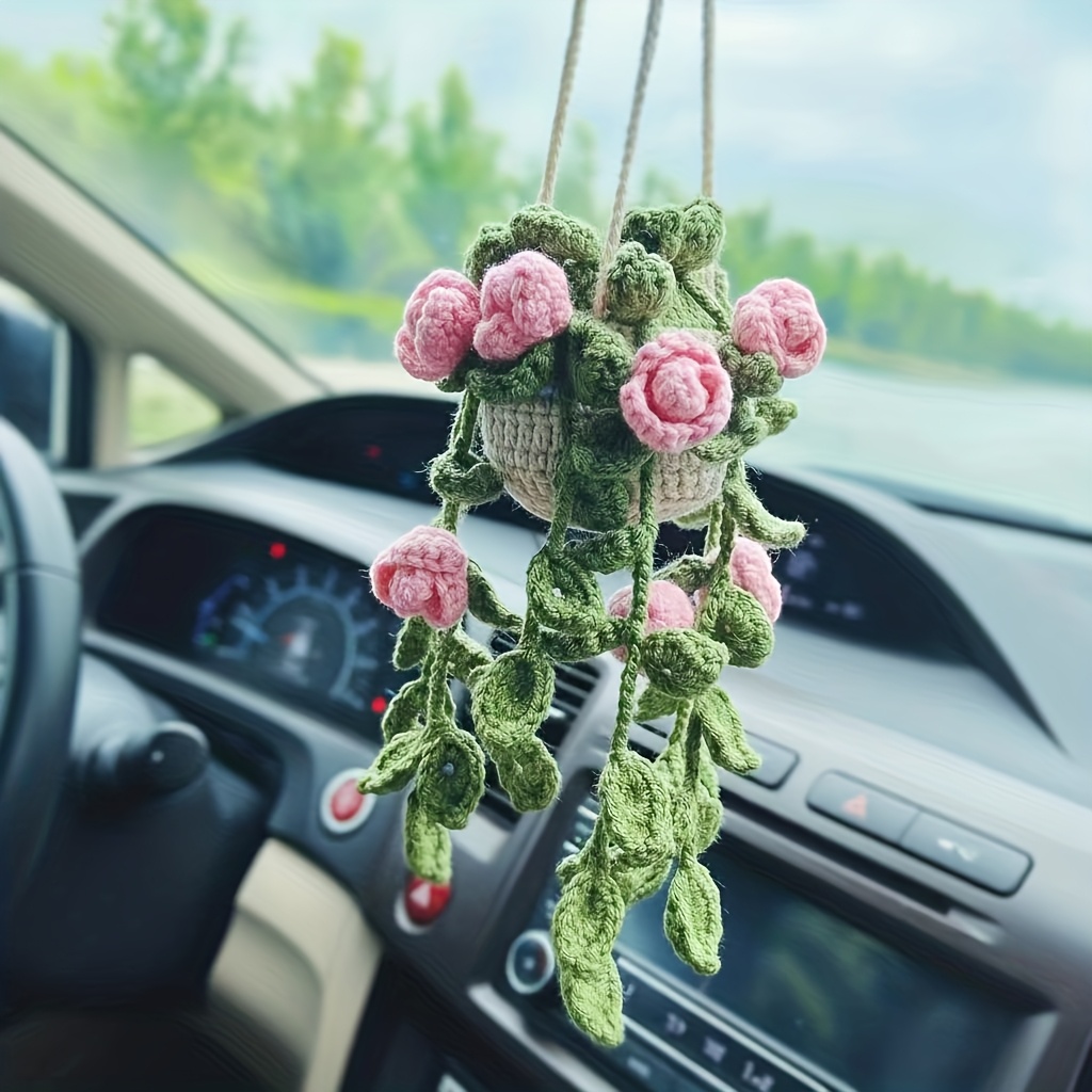 JNNJ 2Pcs Ciondolo Croce per Specchio Auto, Cattolica Ornamento per Specchietto Retrovisore Auto, Rosario Accessori da Appendere, Universale Accessori Appesi Auto Decorazione Interni(Rosa