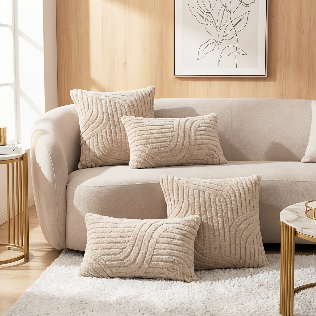 E-shop 4 Stück Boho Dekokissenbezüge - Neutral gestreift, weiche gemütliche Kissenhüllen für Couch, Sofa, Schlafzimmer / Outdoor, Größen 12x20 & 18x18,