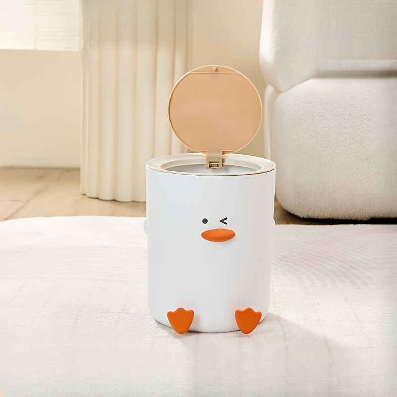 Image of 1pc Pressure Top Large Capacity Garbage Bin, Cute Yellow Duck With Silent Cover, Stylish Oval Plastic Garbage Bin, Office Paper Basket, Suitable For Home, Office, Kitchen And Bathroom -