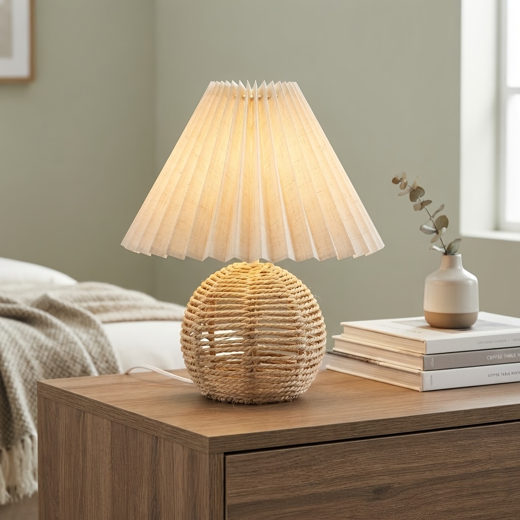 TEMU Abat-jour en lin, Lampe de table à base sphérique tissée en corde, Convient pour et , Lampe de table d'éclairage ambiant
