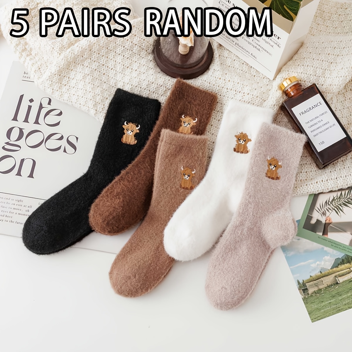 1/3/5 Pairs Of Women's Embroidered Calf Plush Socks, Thickened And Warm For Winter, Cartoon Style, , Sleep Socks, Trendy And Versatile Brown Color, .