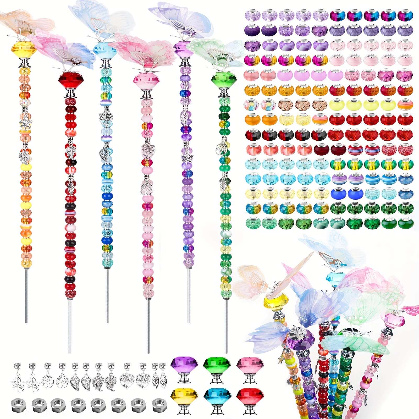 Image of 188pcs Diy Garden Stakes Kit - Beaded Garden Stakes Set With Colorful Crystal Stopper Top, 6 Vibrant Decorations, Silvery Pendants & Large Hole Beads For , Outdoor Decorations, & Gift Making
