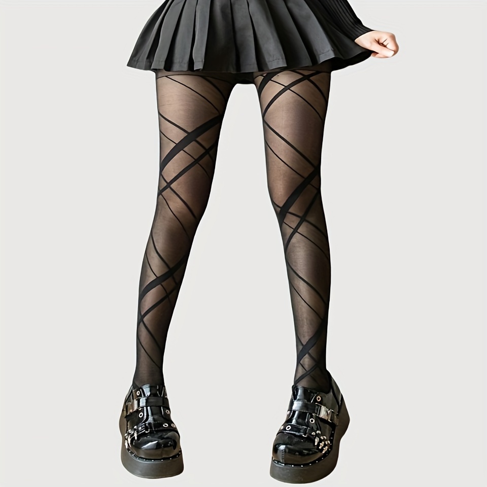 

Elegant Black Diamond-patterned Pantyhose For Women - High Waist, Stretch Nylon Tights With -strap Design, Spring & Fall