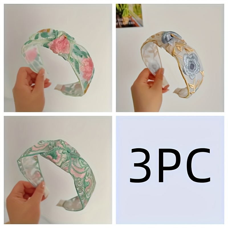 TEMU 3pcs Elegant Bohemian Floral Embroidery Headband Set - Wide Retro Style, Women's Hair Accessories, Suitable For All Hairstyles, Women's Hair