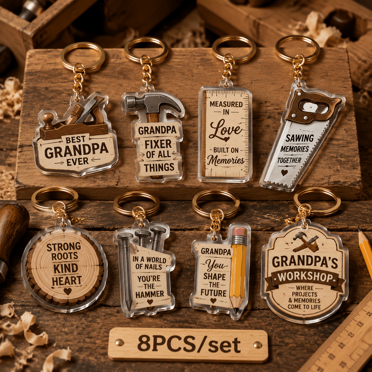 TEMU 2d Flat Design, 8pcs Set. Nostalgic Workshop Tool Keychain With Wood Grain Design. Father's Day Birthday Gift For Dad/father
