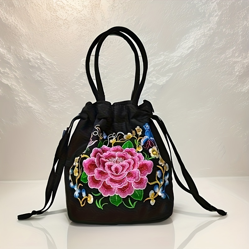 TEMU 新作エスニックスタイル刺繍バッグ、女性用ドローバケットバッグ（携帯電話・小銭用）