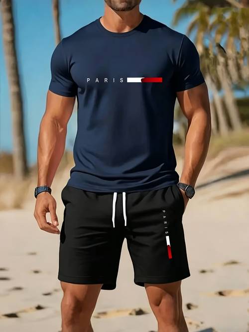 2026 western youth summer mens short sleeve t shirt and drawstring shorts casual 2pcs outfit fashionable comfortable daily outing wear trendy essential holiday gift