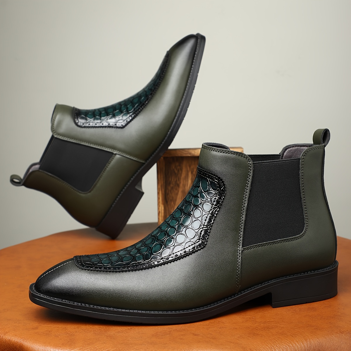 Men's Black Boots with Crocodile Pattern - Slip-On Ankle Boots for Everyday Casual Wear, Rubber Sole, Stylish & Versatile Design