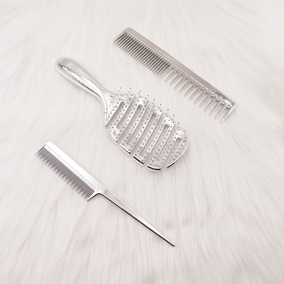 

3pcs Elegant Hair Styling Comb Set - Anti-static, Nylon Bristles For All Hair Types With Abs Handles - Includes Detangling Rat Tail Comb & Textured Grip Combs In Sleek Metallic , Hair Brush