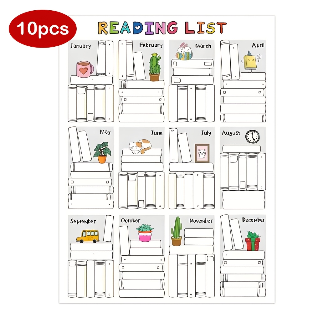 

10pcs Reading List Stickers | Monthly Book Labels With Bookshelf & Library Design | - Reading Log Decals For Students & Book Enthusiasts | Essential School Supplies