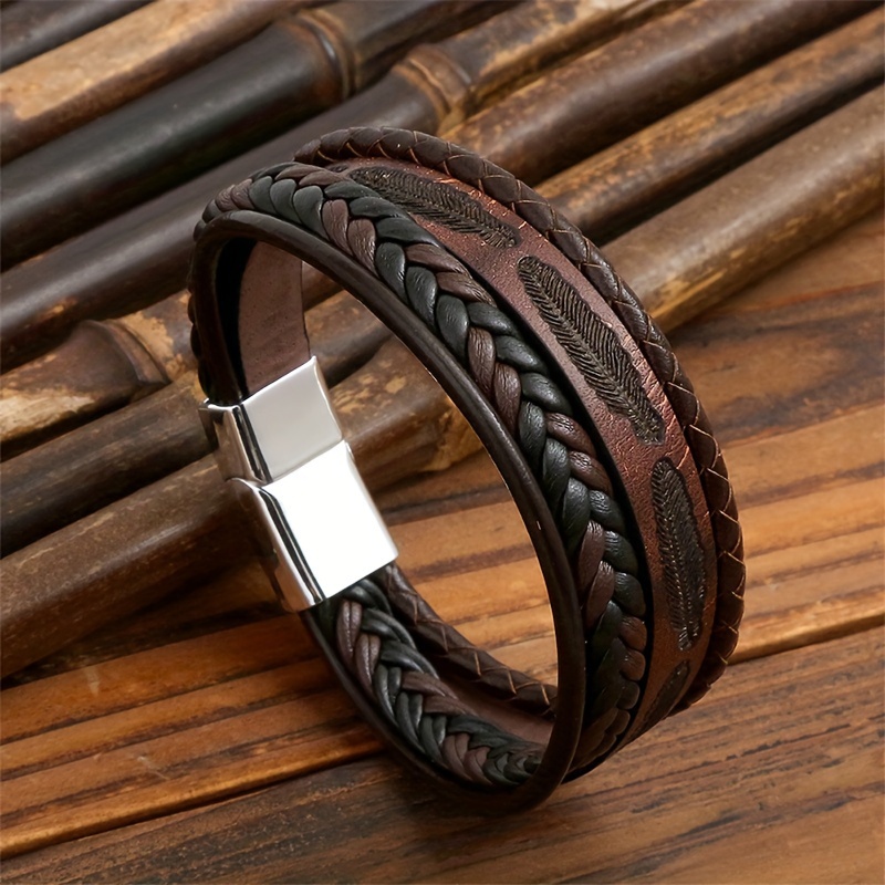 

New Retro Style Feather Pu Leather Woven Bracelet, Diy Men's Multi-layer Woven Bracelet