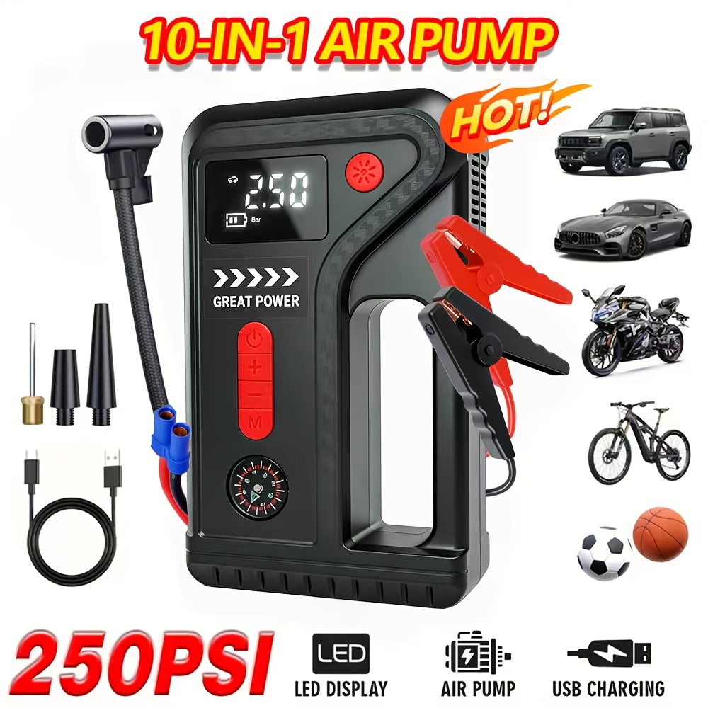 TEMU Alimentation d'urgence pour voiture 15000A pic & Pompe à air portable 250PSI, 12V (Tous gaz/2,11 gallons diesel), Démarrage rapide véhicule,