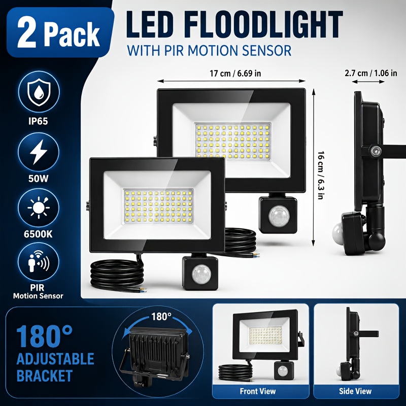 2-pack 50w Led Motion Sensor Indoor Light | 6500k Cold White, 360° Rotating Pir Sensor, 180° Adjustable Bracket, Frameless Design For Large Garage, Workshop & Warehouse