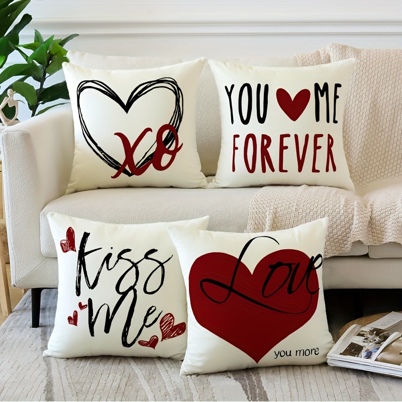 

Valentine's Day 4pcs Throw Pillow Covers Set - Red , Zip Closure, Machine Washable, Polyester - Home & Bedroom Decor, 18x18 Inches (no Insert Included)