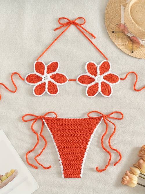 25ss trend pure handmade crochet multi color floral niche desire strappy island cut out bikini set