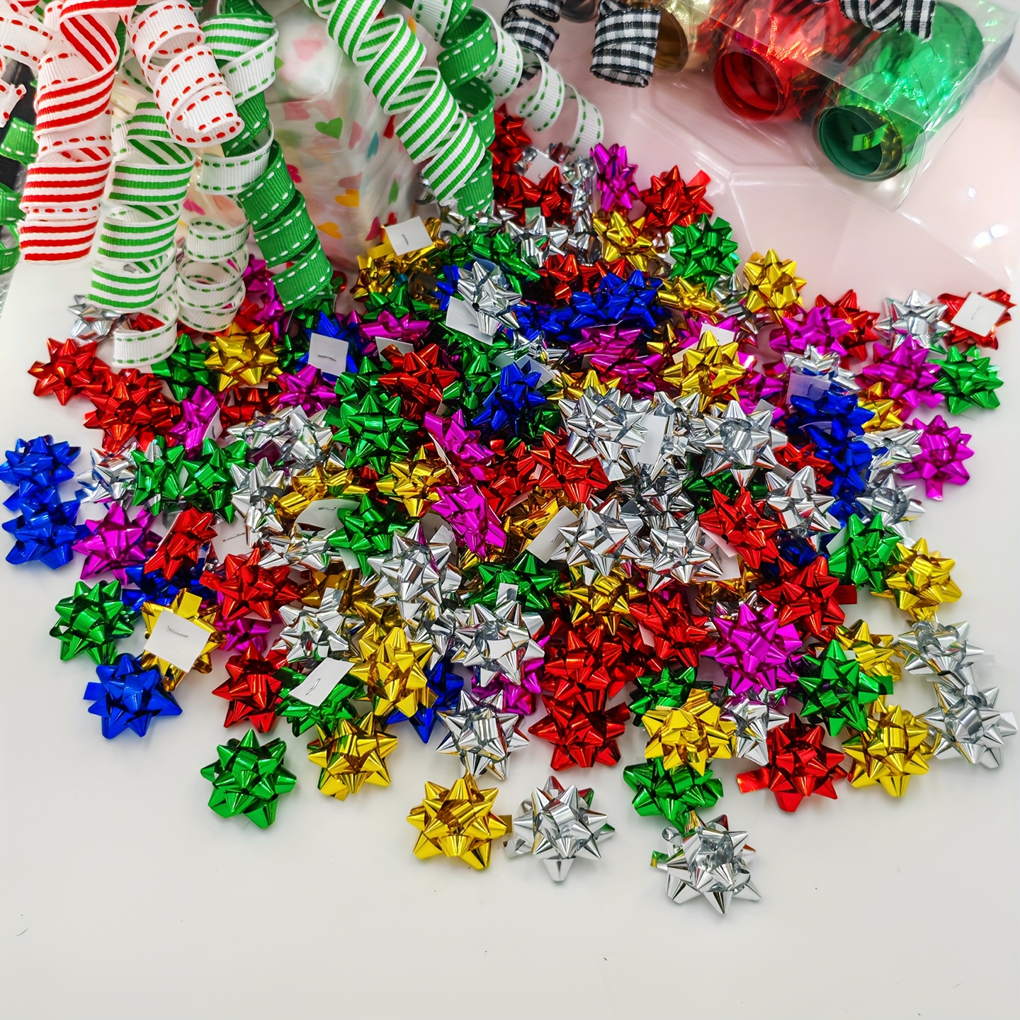 50pcs Mini Christmas Star Bows - Golden, Silvery, Red, Green, Blue, Magenta | Metallic Finish Self-Adhesive Decor for Xmas Tree, Home Decor, Wreath Decor, Festive Decor & Gift Wrapping