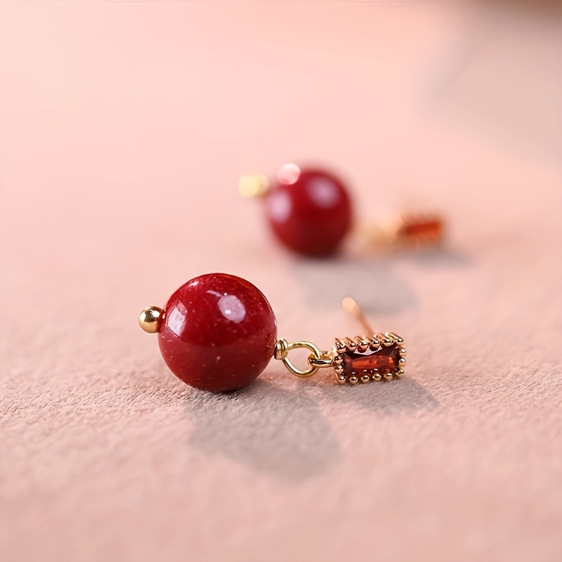 Vintage Cinnabar Stone Drop Earrings for Women