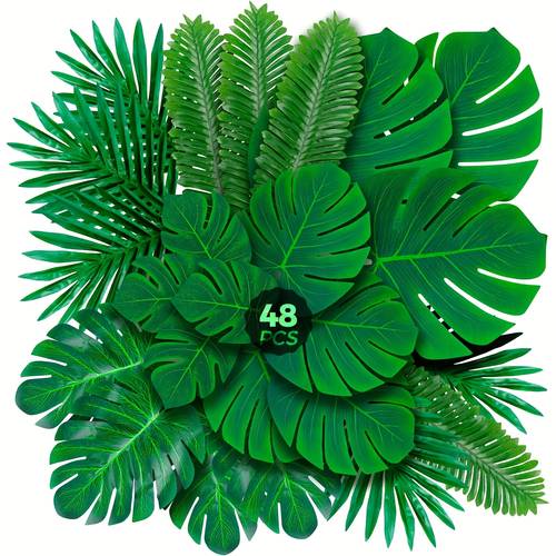 36 48 54pcs artificial green monstera leaf set with stems leaves leaf decor for hawaiian party beach wedding birthday theme decoration