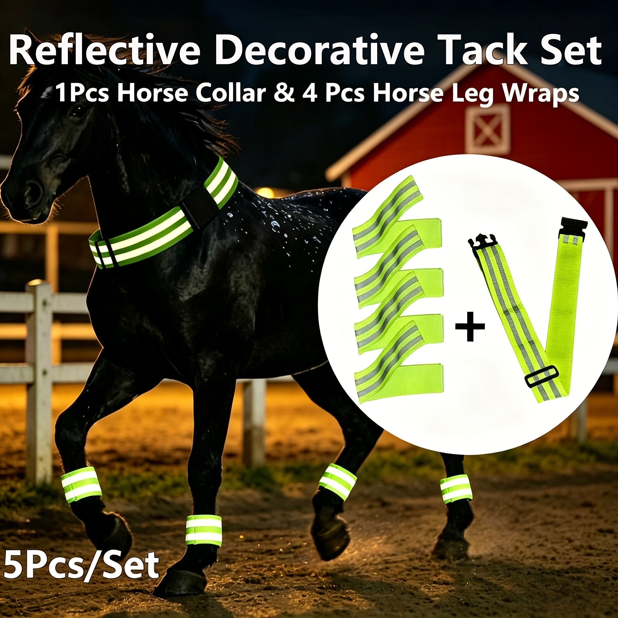 TEMU 5pcs/set Equestrian Accessories -the-dark Style Horse Tack Set - 1pc Reflective Horse Collar And 4pcs Horse Leg Wraps, Suitable For Evening &