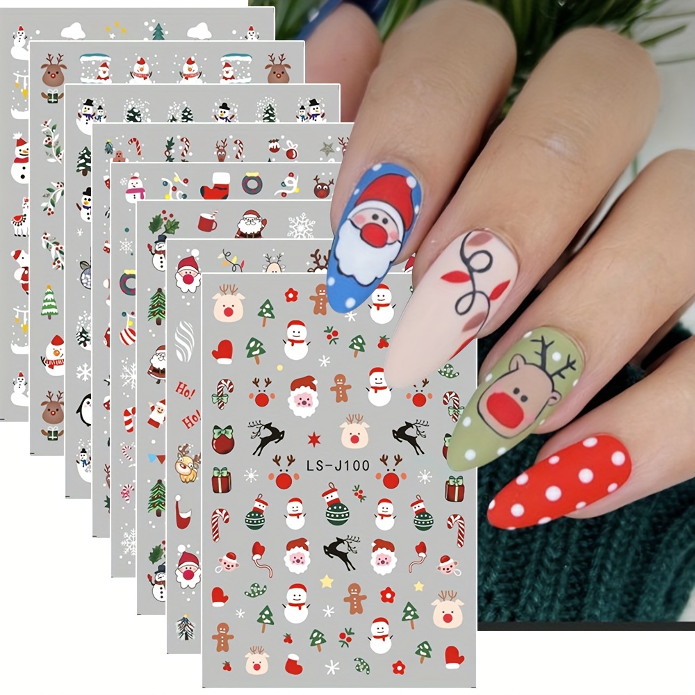 

8pcs Sparkling Christmas Nail Art Stickers - Self-adhesive, Cartoon Designs For