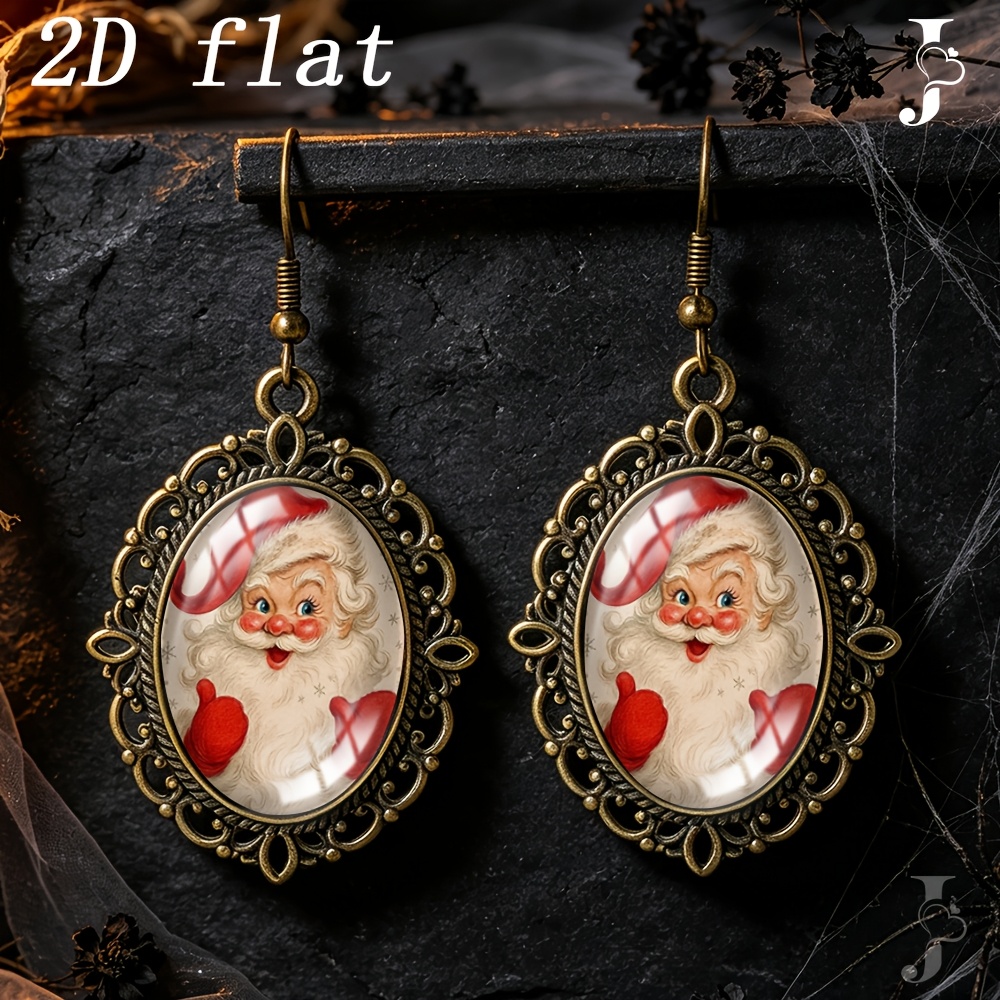 TEMU 1 Pair Oval Earrings With Santa Claus Pattern, Glass Dangle Handmade Jewelry Gift, 2d Flat Printed Glass Pattern, Unisex Earrings, Halloween And