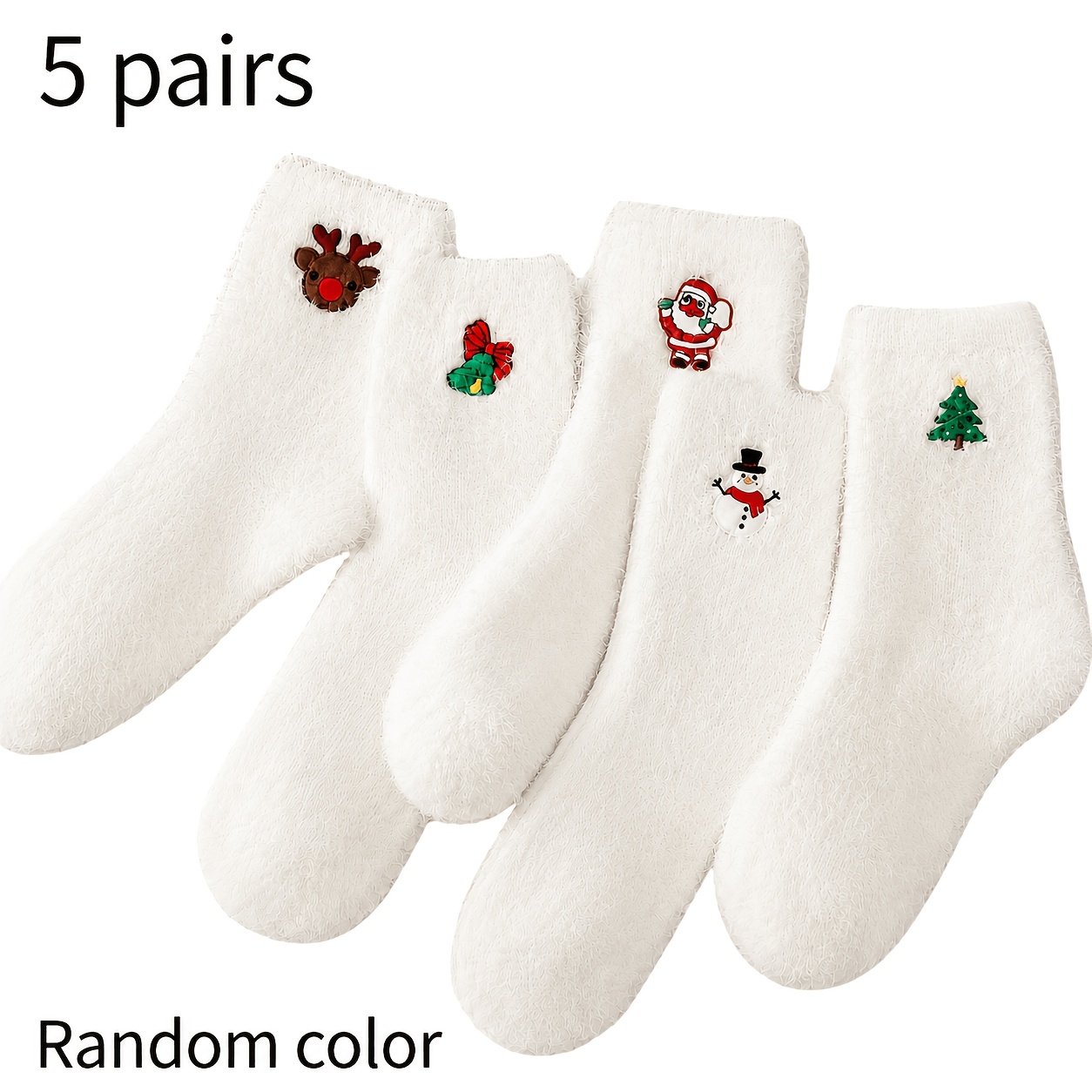 TEMU 5 Paires de Chaussettes Thermiques d'Hiver pour Femmes, Couleurs Aléatoires, avec de Noël Brodés (Père Noël, , Homme de Neige) - Blanc Chaud,