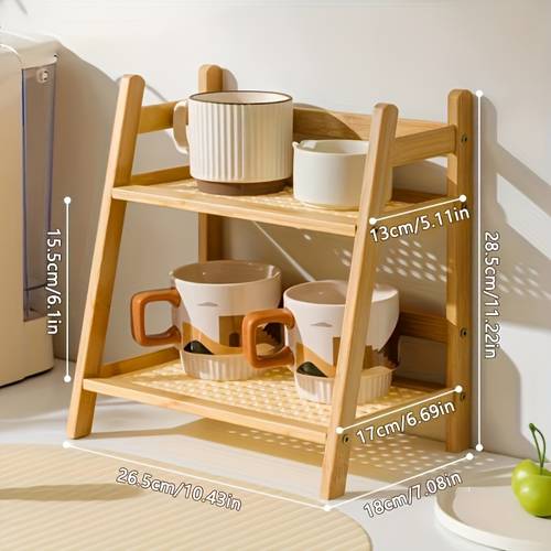 double layer wooden cup holder 26cm 10in artificial rattan mug organizer suitable for kitchen and living room compact desktop shelf for mugs cups small items durable wood material space saving design vertical rack