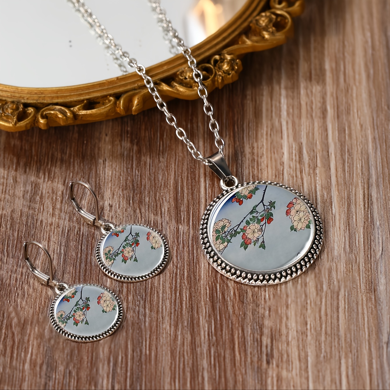 3pcs Elegant Floral Pattern Round Glass Base Jewelry Set